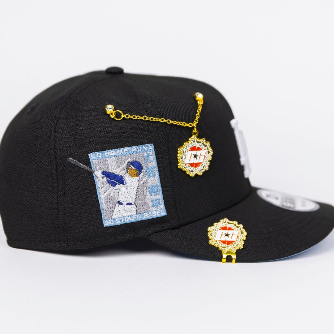 NEW ERA EXCLUSIVE 9FIFTY BLACK LOS ANGELES DODGERS SNAPBACK W/ SNOWFLAKES + SHOHEI OHTANI 50-50 CLUB SIDE PATCH