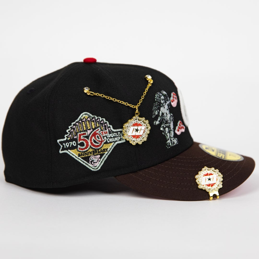 NEW ERA EXCLUSIVE 59FIFTY BLACK/ BROWN BALTIMORE ORIOLES "CITY OF ANGELS" W/ 50TH ANNIVERSARY SIDE PATCH