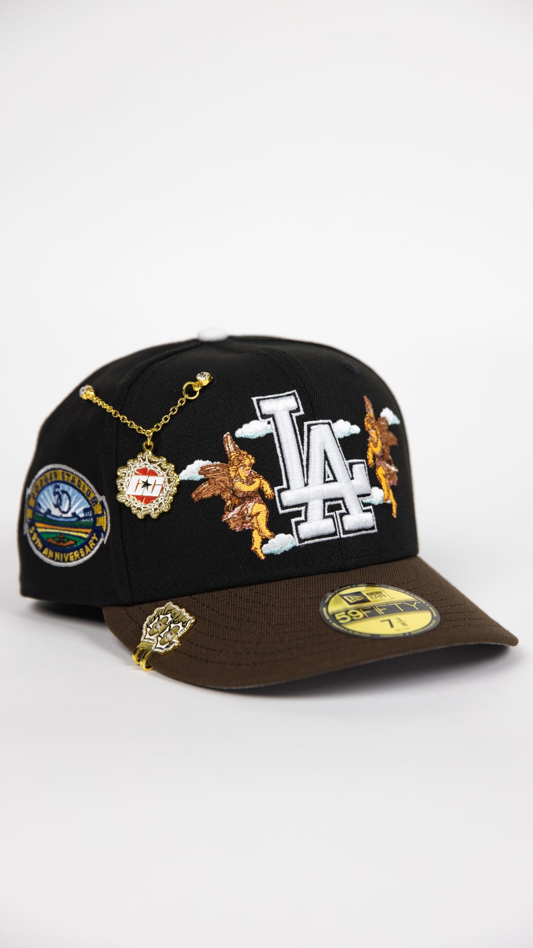 NEW ERA EXCLUSIVE 59FIFTY BLACK/ BROWN LOS ANGELES DODGERS "CITY OF ANGELS" W/ 50TH ANNIVERSARY SIDE PATCH