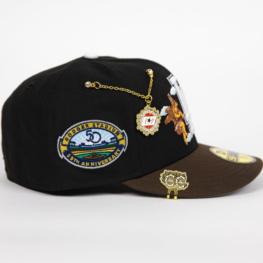 NEW ERA EXCLUSIVE 59FIFTY BLACK/ BROWN LOS ANGELES DODGERS "CITY OF ANGELS" W/ 50TH ANNIVERSARY SIDE PATCH