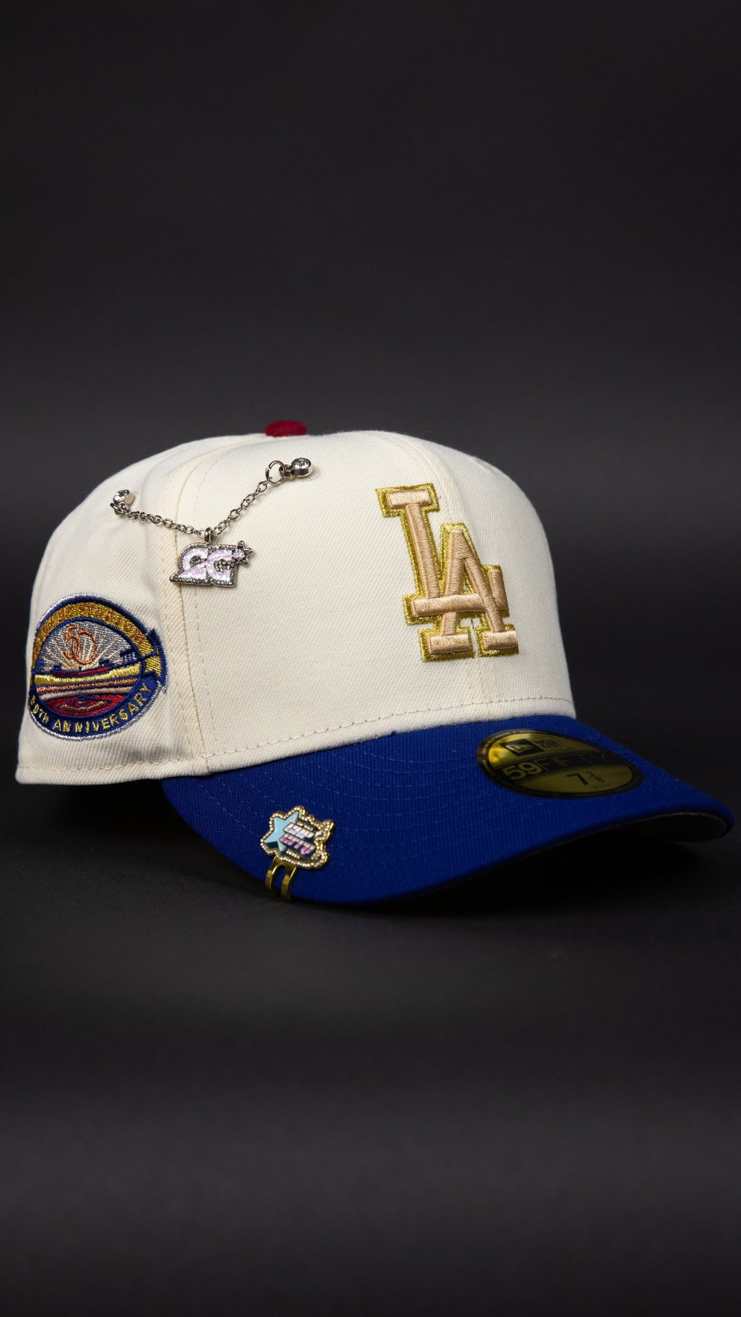 NEW ERA EXCLUSIVE 59FIFTY CHROME/ BLUE LOS ANGELES DODGERS W/ 50TH ANNVERSARY SIDE PATCH