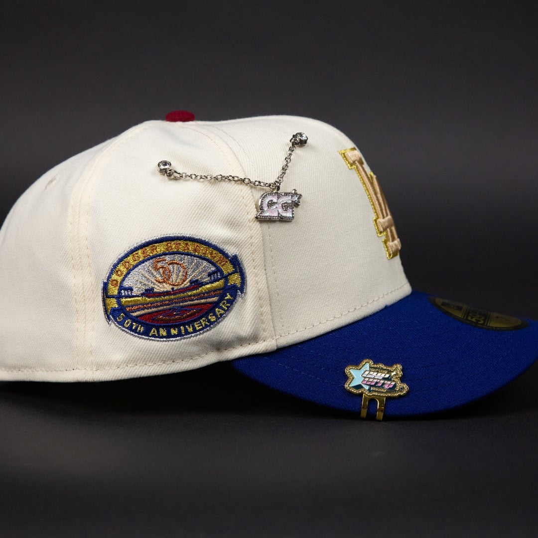 NEW ERA EXCLUSIVE 59FIFTY CHROME/ BLUE LOS ANGELES DODGERS W/ 50TH ANNVERSARY SIDE PATCH