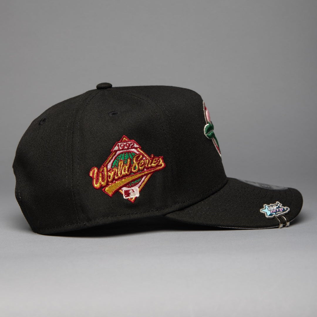 NEW ERA 9FIFTY A-FRAME BLACK TORONTO BLUE JAYS SNAPBACK W/ FLORAL EMBROIDERY + WORLD SERIES SIDE PATCH