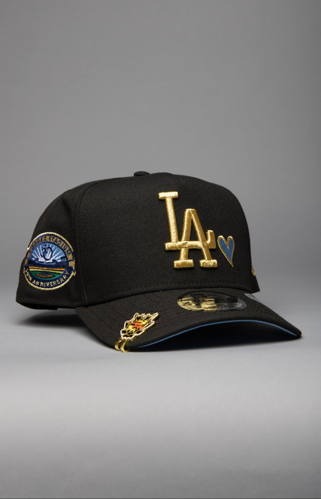 NEW ERA 9FIFTY A-FRAME BLACK LOS ANGELES DODGERS SNAPBACK W/ HEART + 50TH ANNIVERSARY SIDE PATCH