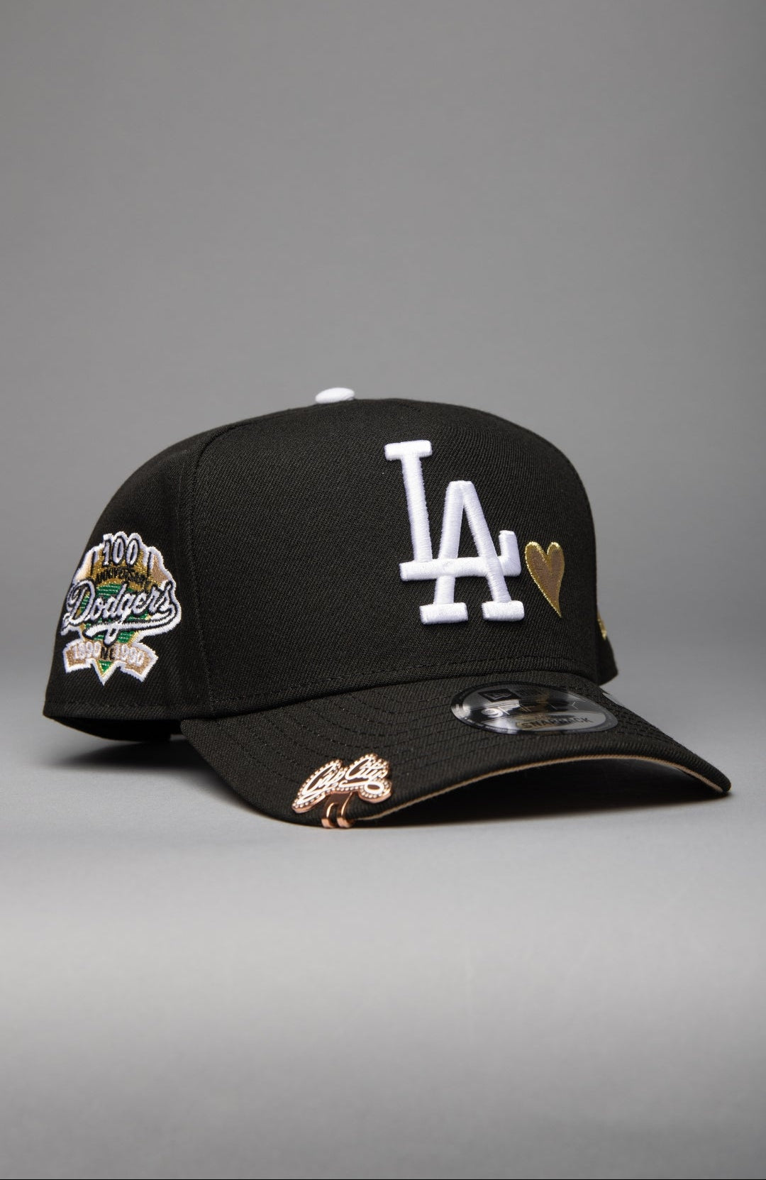 NEW ERA 9FIFTY A-FRAME BLACK LOS ANGELES DODGERS SNAPBACK W/ HEART + 100TH ANNIVERSARY SIDE PATCH