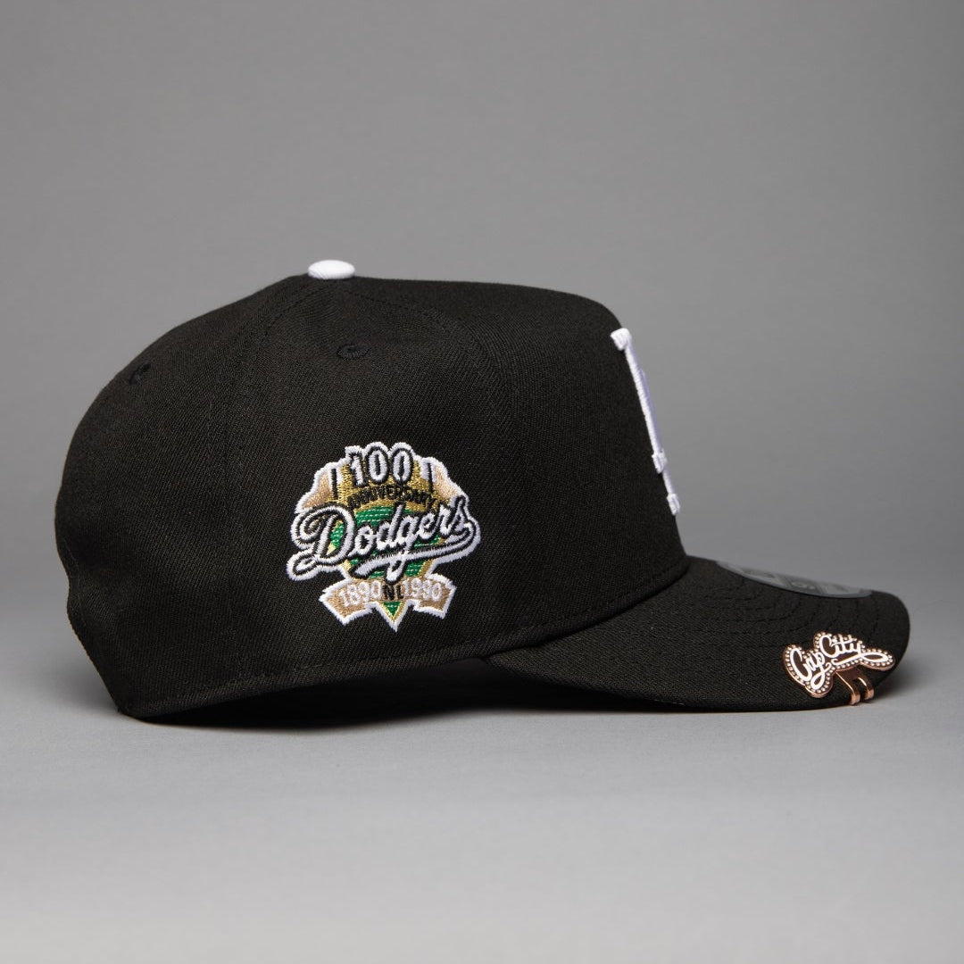 NEW ERA 9FIFTY A-FRAME BLACK LOS ANGELES DODGERS SNAPBACK W/ HEART + 100TH ANNIVERSARY SIDE PATCH