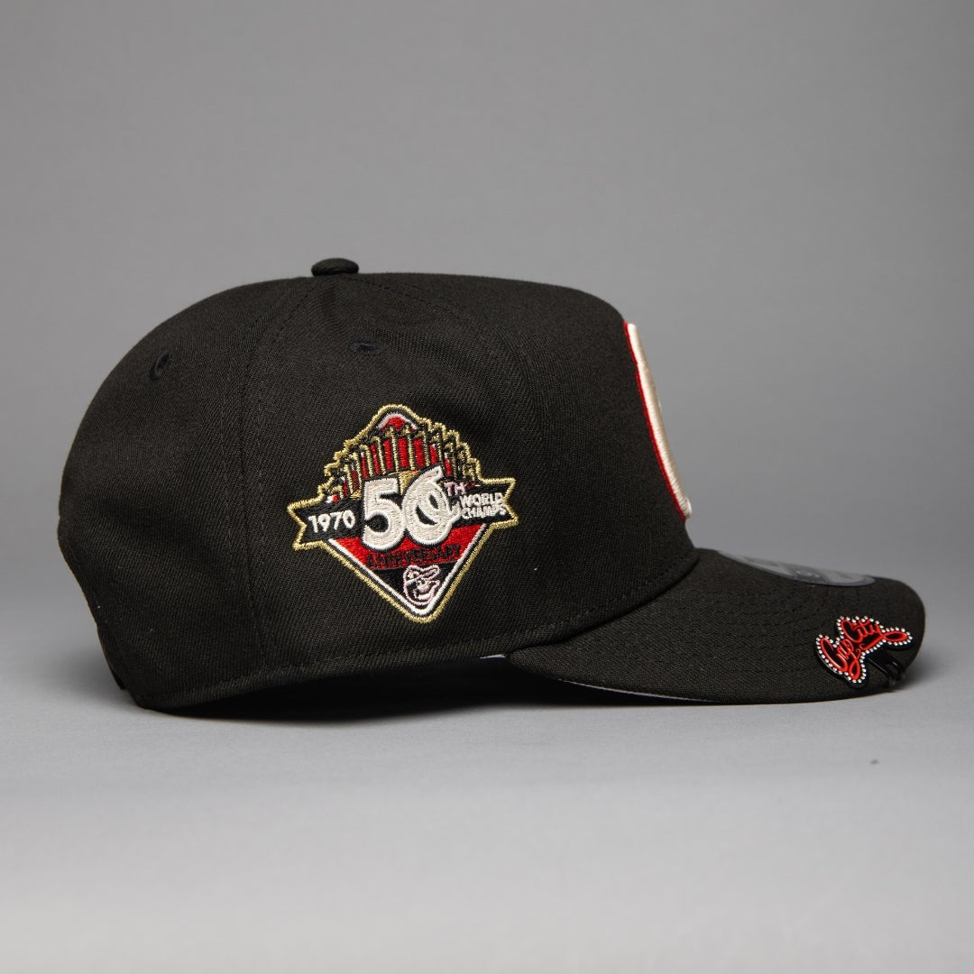 NEW ERA 9FIFTY A-FRAME BLACK BALTIMORE ORIOLES SNAPBACK W/ 50TH ANNIVERSARY SIDE PATCH