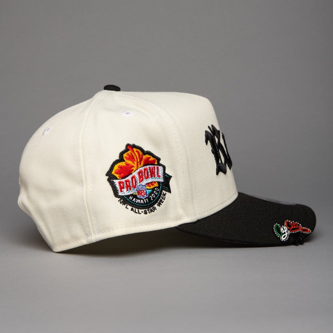 NEW ERA 9FIFTY A-FRAME CHROME/BLACK LOS ANGELES RAMS SCRIPT SNAPBACK W/ PRO BOWL SIDE PATCH