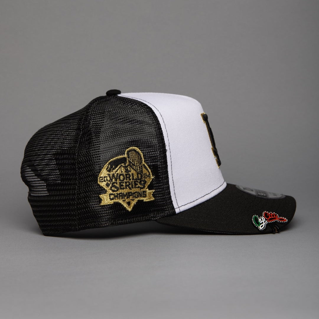 NEW ERA 9FIFTY A-FRAME PEARL WHITE LOS ANGELES DODGERS MESHBACK W/ WORLD SERIES CHAMPIONS SIDE PATCH