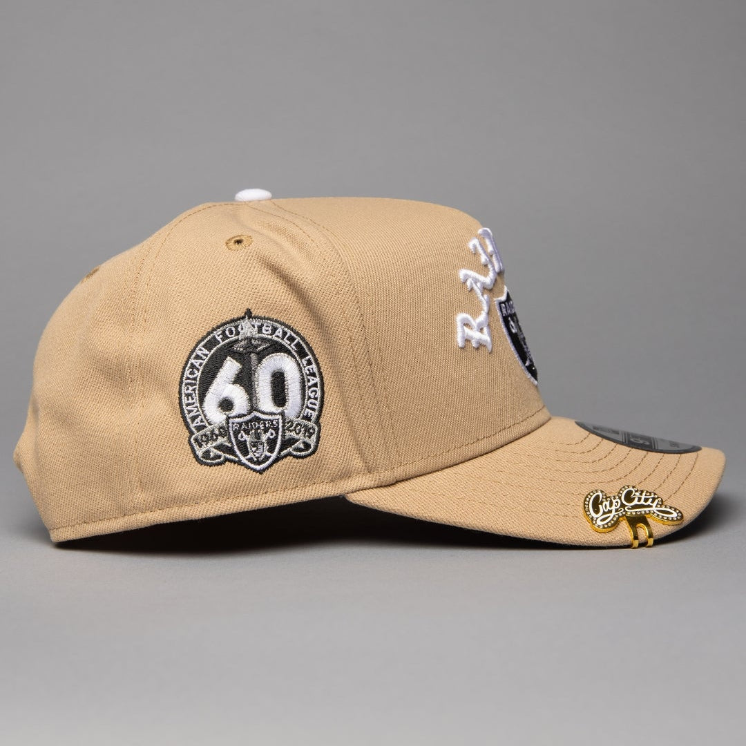 NEW ERA 9FIFTY A-FRAME LIGHT KHAKI LAS VEGAS RAIDERS SNAPBACK W/ 60TH ANNIVERSARY SIDE PATCH