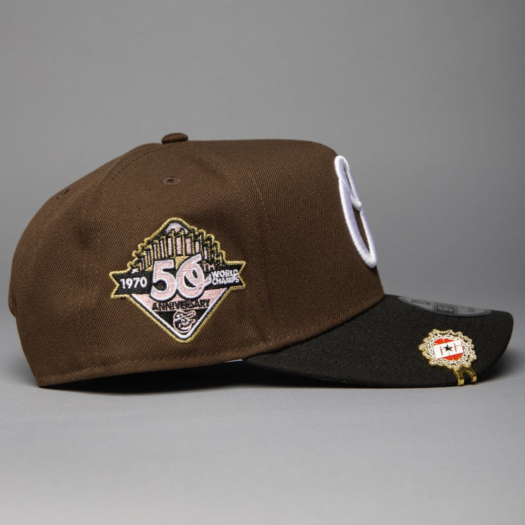 NEW ERA 9FIFTY A-FRAME BROWN/BLACK BALTIMORE ORIOLES SNAPBACK W/ 50TH ANNIVERSARY SIDE PATCH