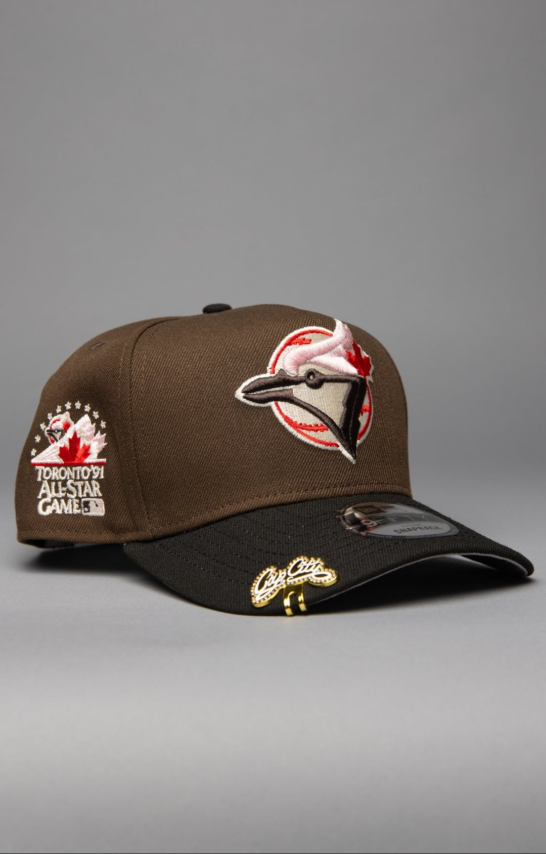 NEW ERA 9FIFTY A-FRAME BROWN/BLACK TORONTO BLUE JAYS SNAPBACK W/ 1990 ALL STAR GAME SIDE PATCH
