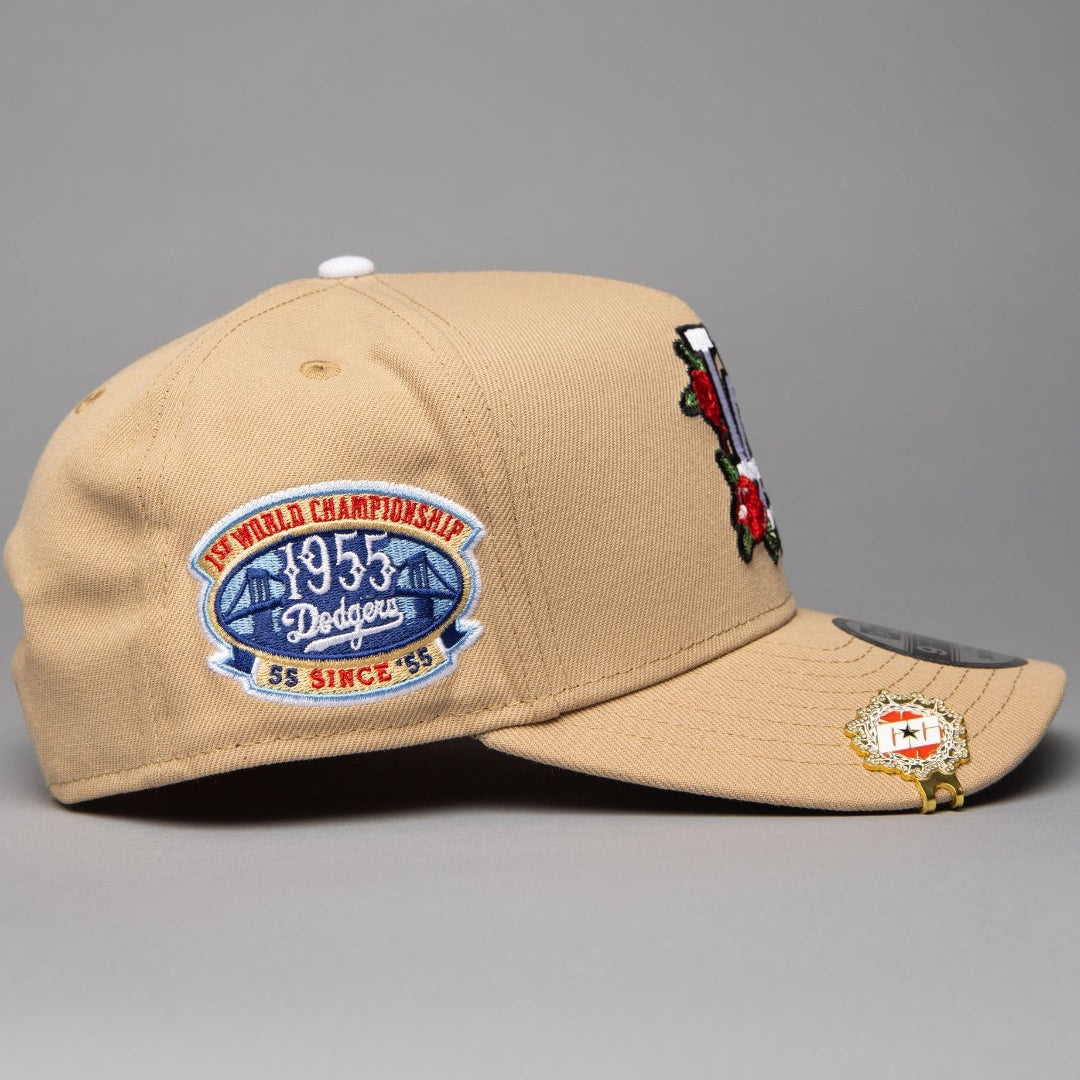 NEW ERA 9FIFTY A-FRAME LIGHT KHAKI LOS ANGELES DODGERS W/ ROSES + 1ST CHAMPIONSHIP SIDE PATCH