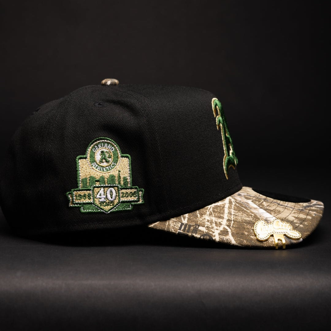 NEW ERA 9FIFTY A-FRAME BLACK/REALTREE OAKLAND ATHLETICS SNAPBACK W/ 40TH ANNIVERSARY SIDE PATCH