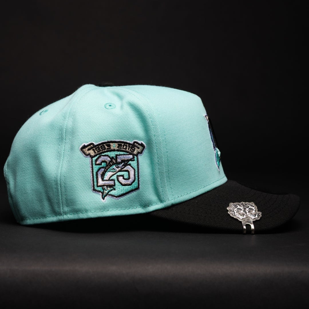 NEW ERA 9FIFTY A-FRAME TEAL/BLACK FLORIDA MARLINS SNAPBACK W/ 25TH ANNIVERSARY SIDE PATCH