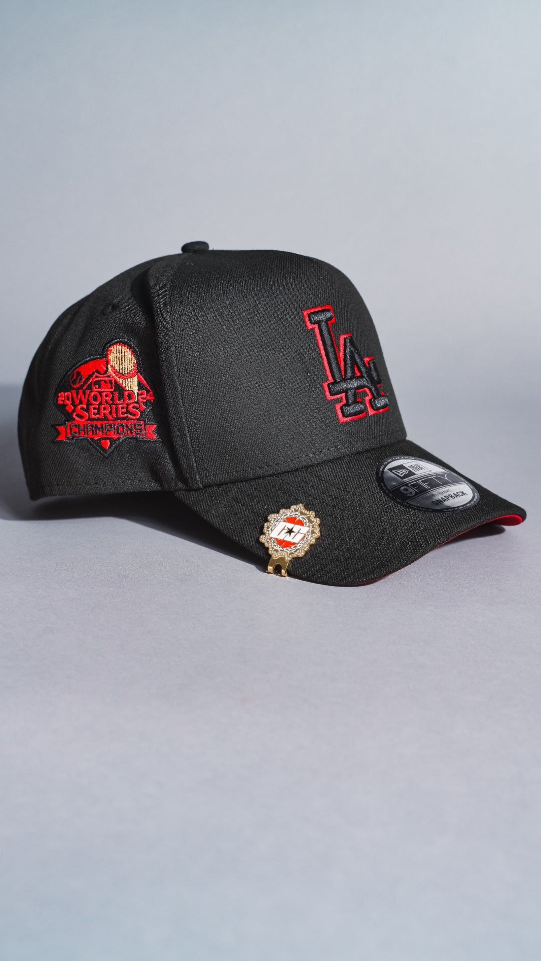 NEW ERA 9FIFTY A-FRAME BLACK LOS ANGELES DODGERS SNAPBACK W/ OUTLINE + WORLD SERIES CHAMPIONS SIDE PATCH