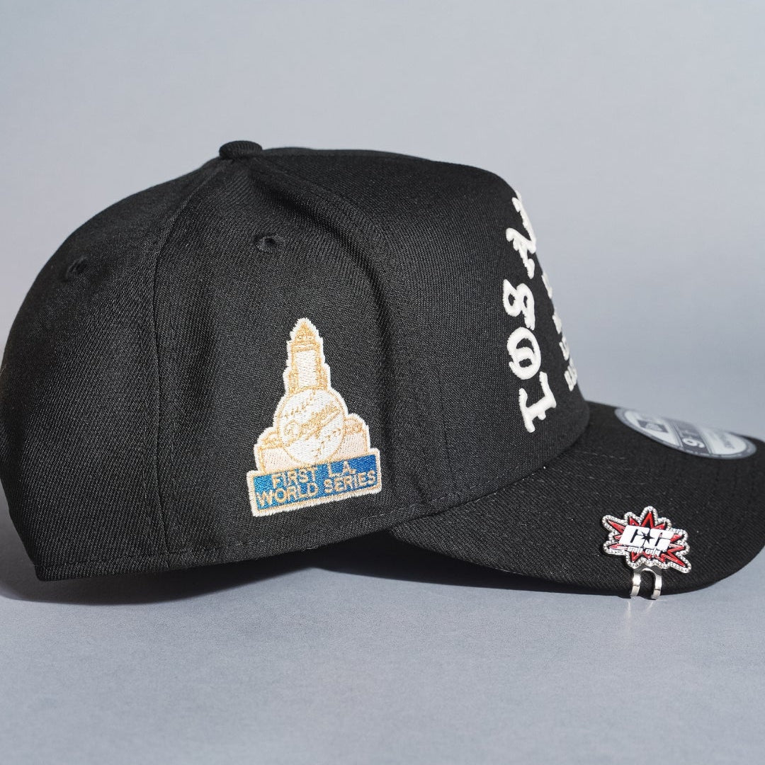 NEW ERA 9FIFTY A-FRAME BLACK LOS ANGELES DODGERS 1958 MLB SCRIPT SNAPBACK W/ FIRST WORLD SERIES SIDE PATCH