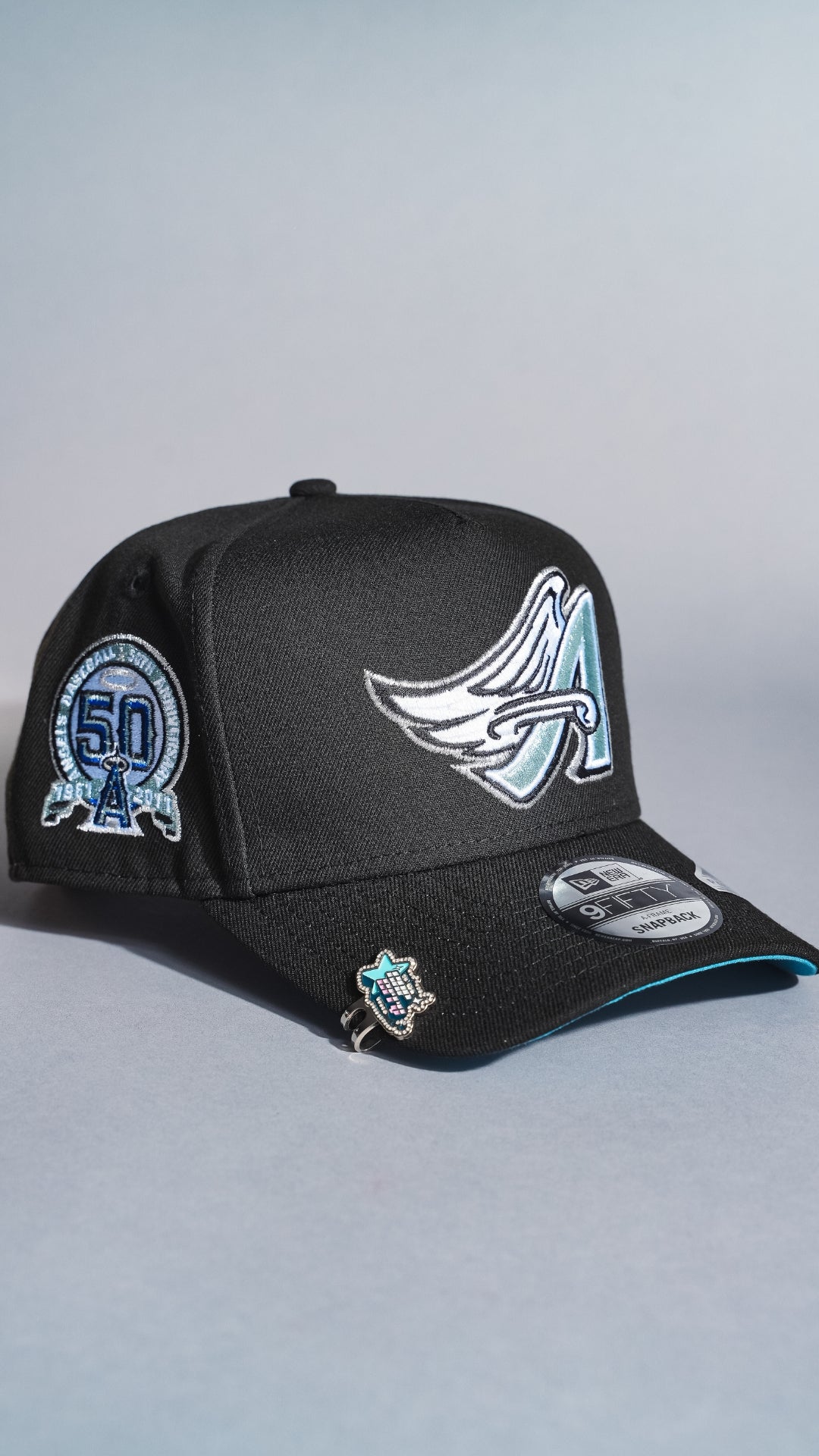 NEW ERA 9FIFTY A-FRAME BLACK ANAHEIM ANGELS SNAPBACK W/ 50TH ANNIVERSARY SIDE PATCH