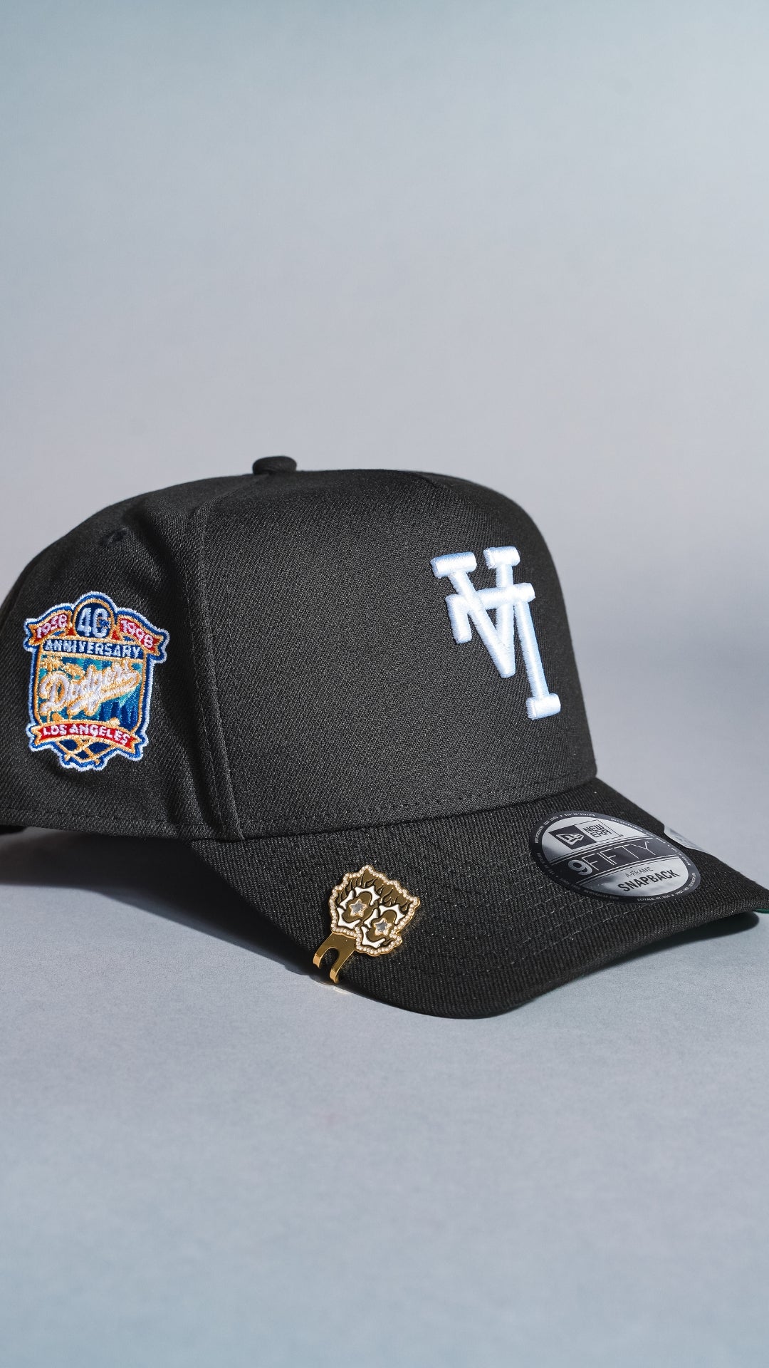 NEW ERA 9FIFTY A-FRAME BLACK UPSIDE DOWN LOS ANGELES DODGERS SNAPBACK W/ 40TH ANNIVERSARY SIDE PATCH