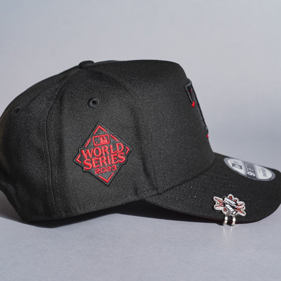 NEW ERA 9FIFTY A-FRAME BLACK TEXAS RANGERS SNAPBACK W/ OUTLINE + WORLD SERIES SIDE PATCH