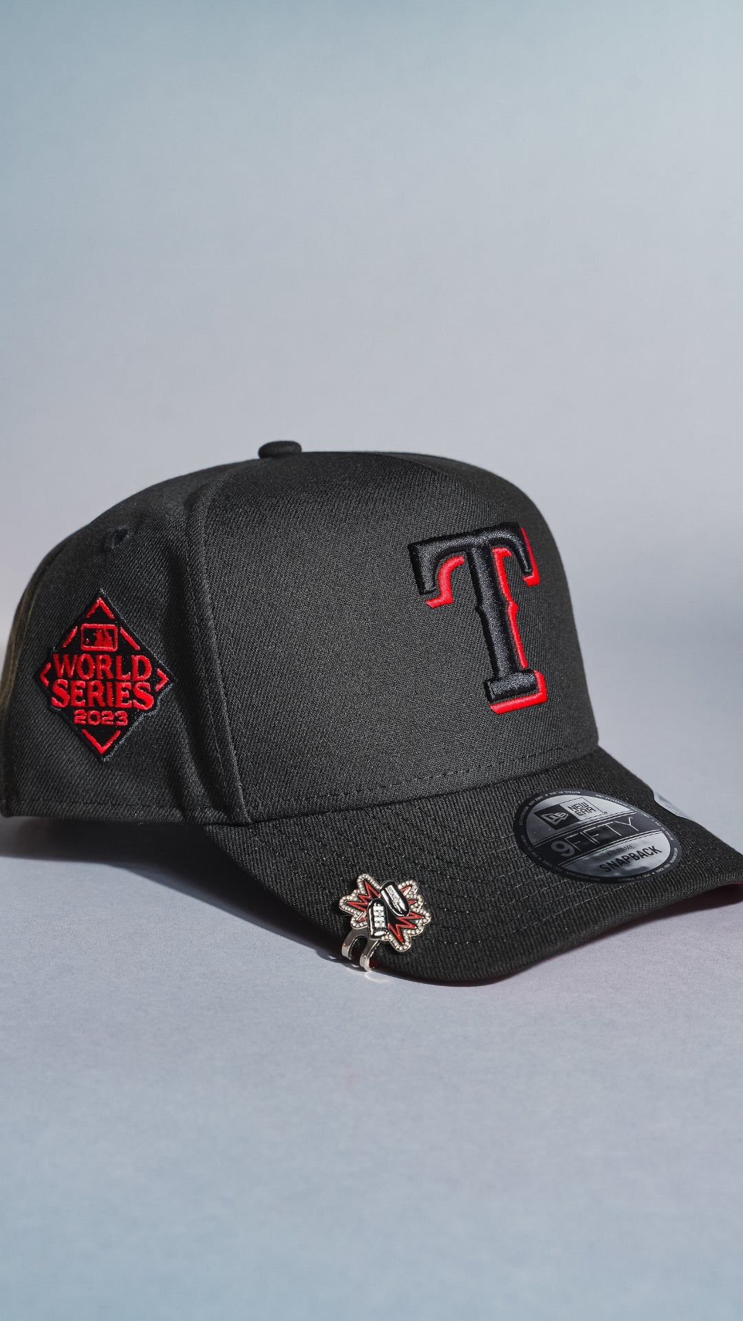 NEW ERA 9FIFTY A-FRAME BLACK TEXAS RANGERS SNAPBACK W/ OUTLINE + WORLD SERIES SIDE PATCH