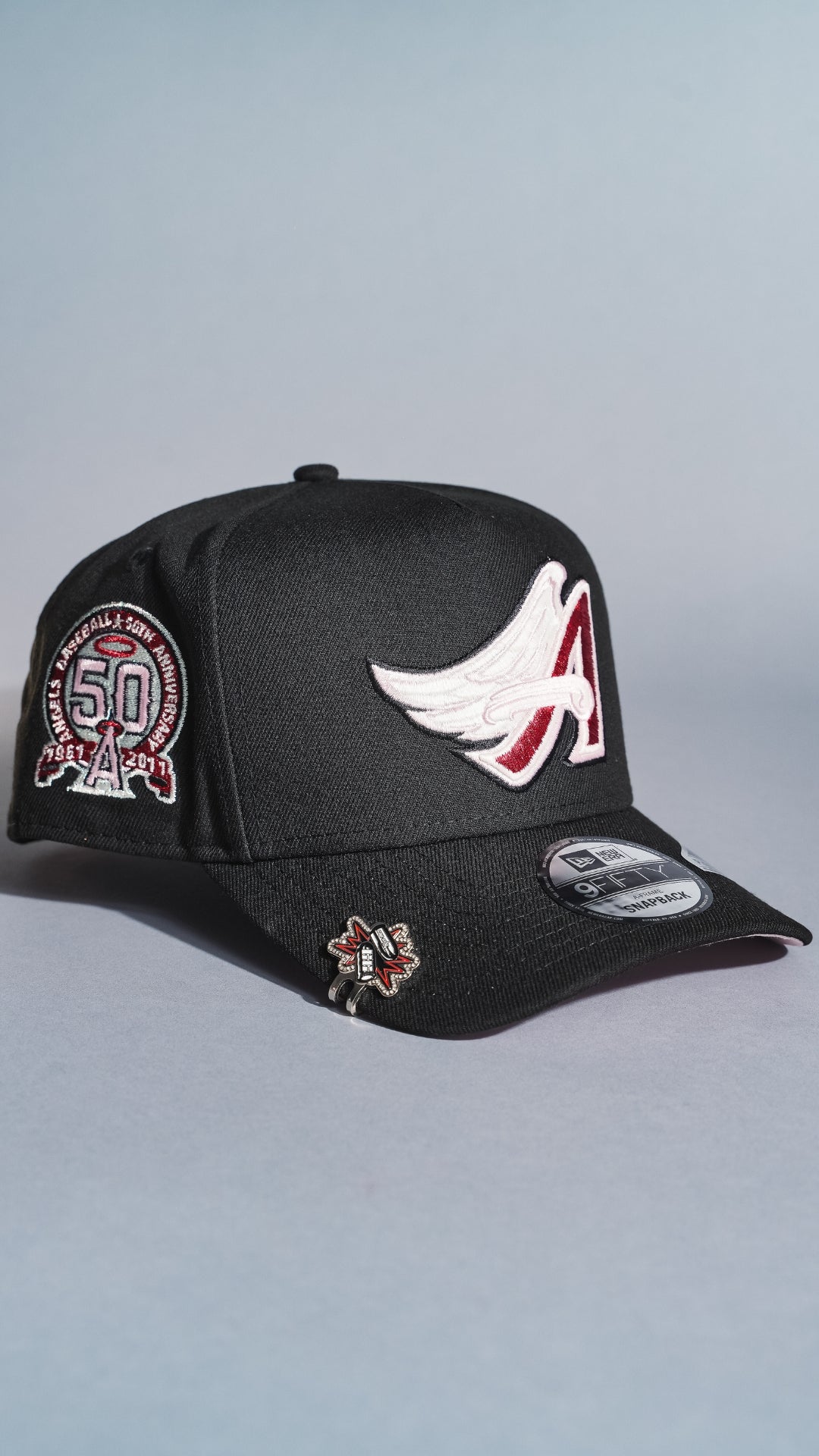 NEW ERA 9FIFTY A-FRAME BLACK ANAHEIM ANGELS SNAPBACK W/ 50TH ANNIVERSARY SIDE PATCH