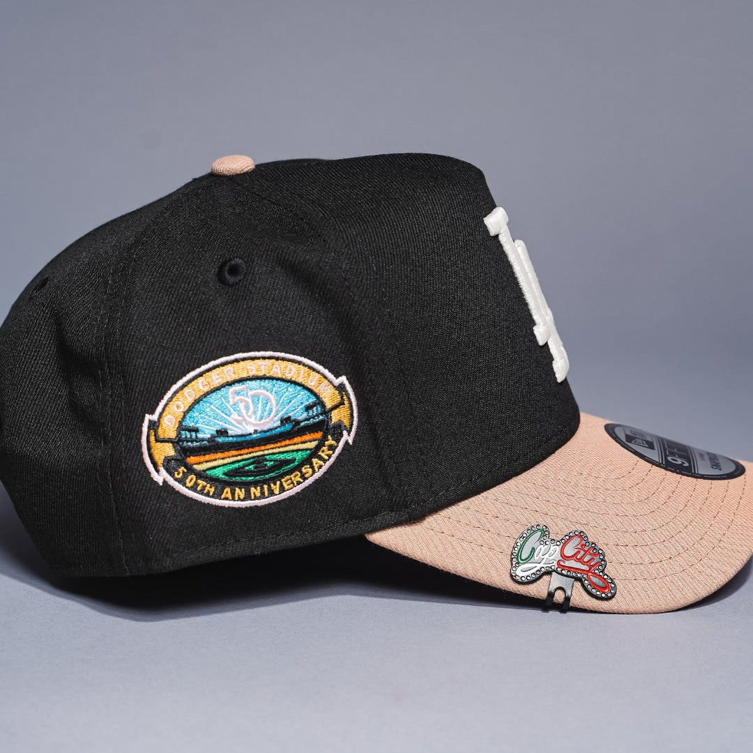NEW ERA 9FIFTY A-FRAME BLACK/KHAKI LOS ANGELES DODGERS SNAPBACK W/ PINK HEART + 50TH ANNIVERSARY SIDE PATCH