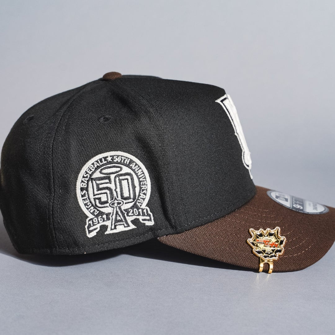 NEW ERA 9FIFTY A-FRAME BLACK/BROWN UPSIDE DOWN ANAHEIM ANGELS SNAPBACK W/ 50TH ANNIVERSARY SIDE PATCH