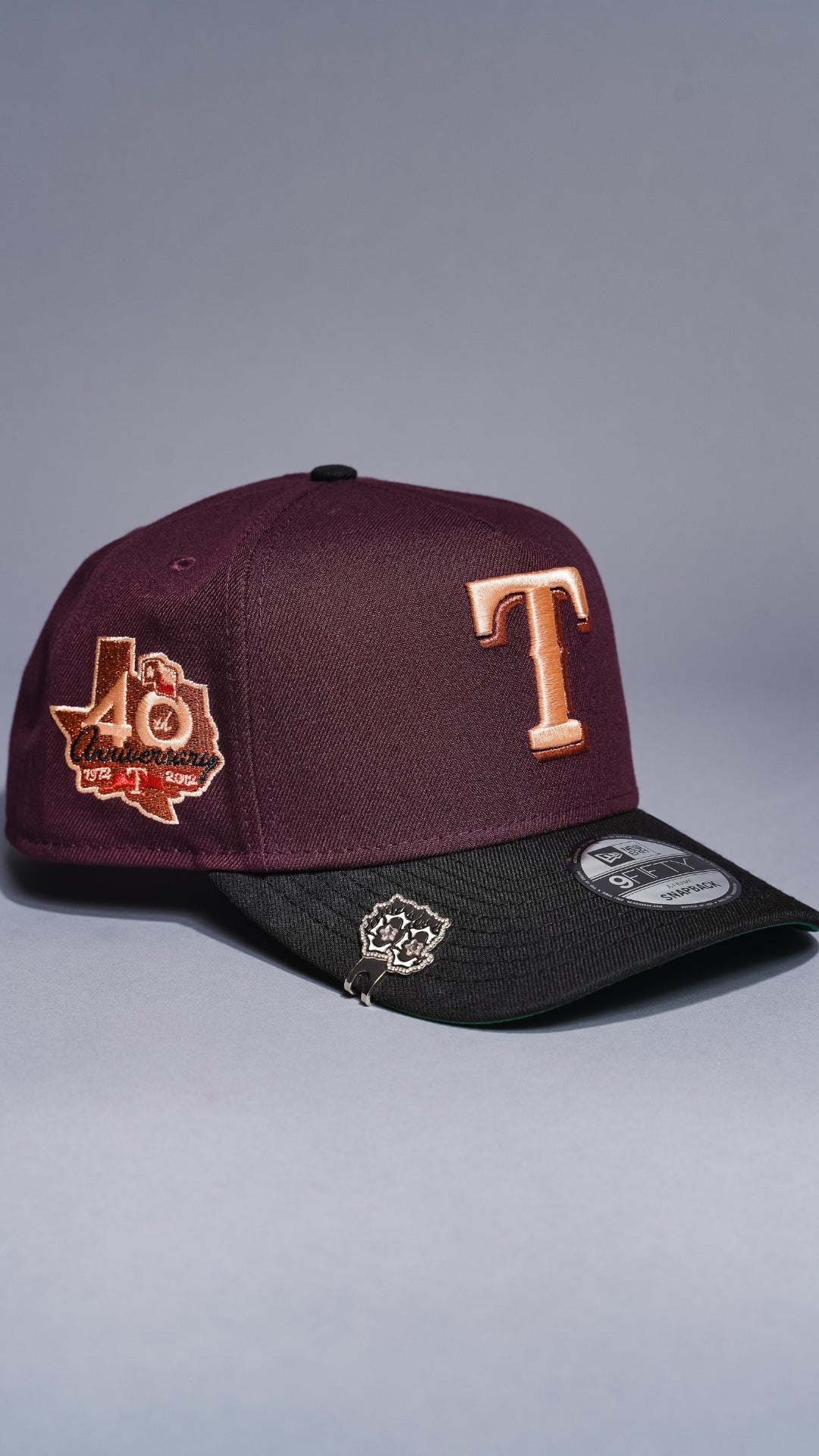 NEW ERA 9FIFTY A-FRAME BURGUNDY/BLACK TEXAS RANGERS SNAPBACK W/ 40TH ANNIVERSARY SIDE PATCH