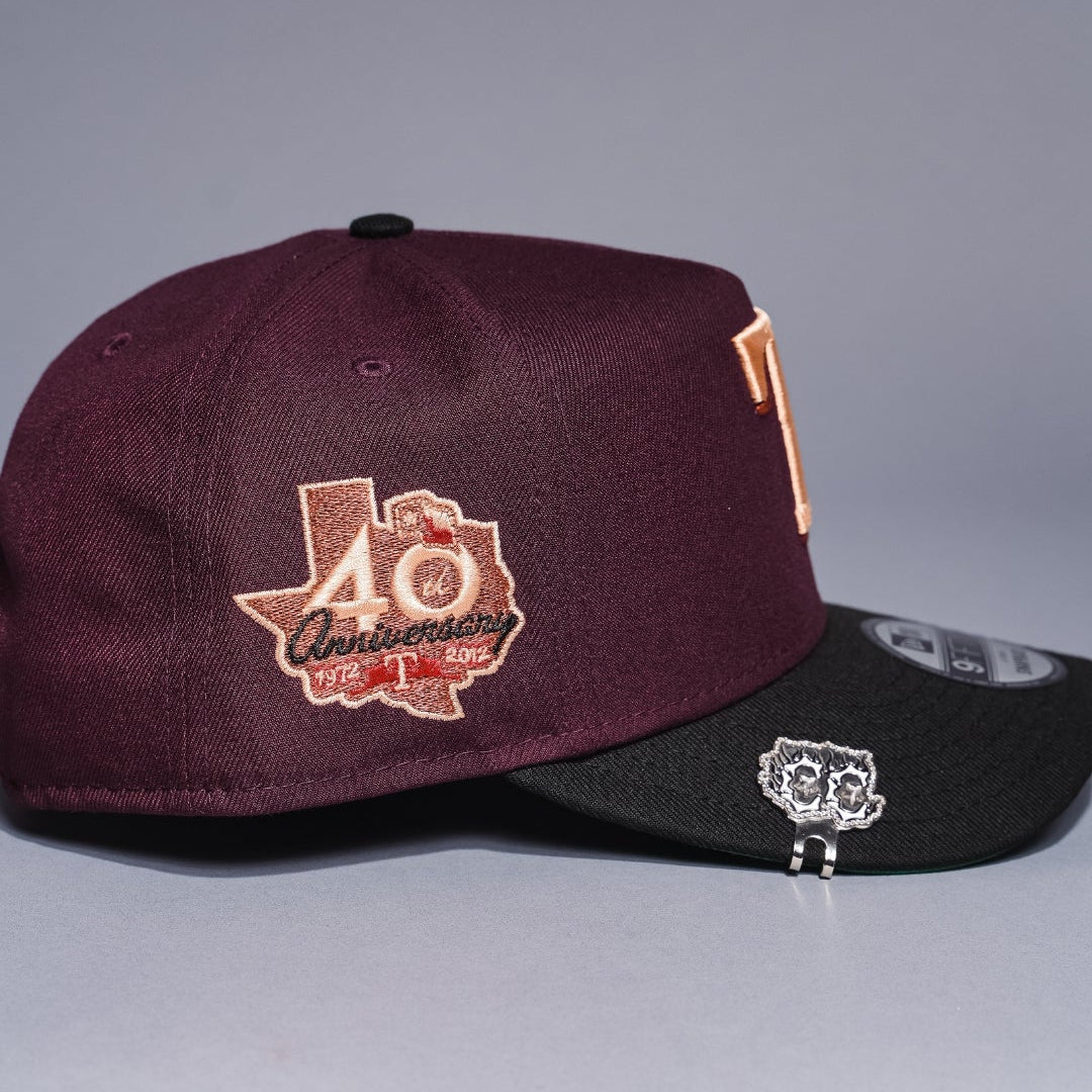 NEW ERA 9FIFTY A-FRAME BURGUNDY/BLACK TEXAS RANGERS SNAPBACK W/ 40TH ANNIVERSARY SIDE PATCH