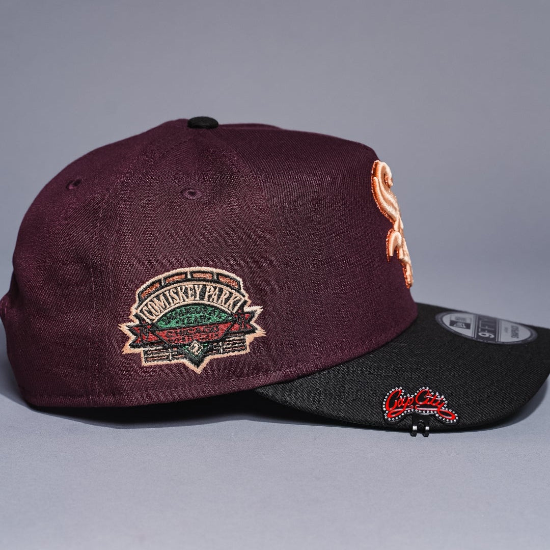 NEW ERA 9FIFTY A-FRAME BURGUNDY/BLACK CHICAGO WHITE SOX SNAPBACK W/ COMISKEY PARK SIDE PATCH