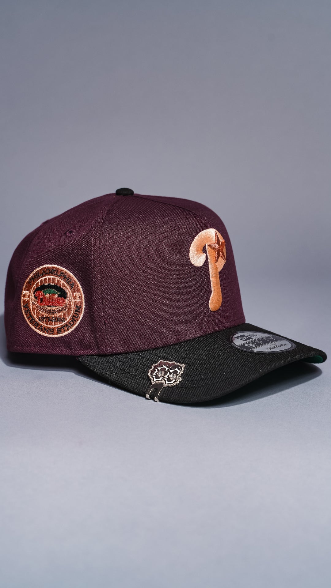 NEW ERA 9FIFTY A-FRAME BURGUNDY/BLACK PHILADELPHIA PHILLIES SNAPBACK W/ THREE RIVERS STADIUM SIDE PATCH