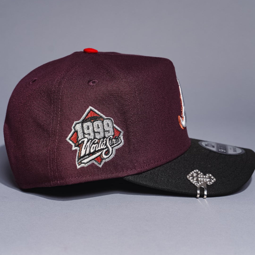 NEW ERA 9FIFTY A-FRAME BURGUNDY/BLACK ATLANTA BRAVES SNAPBACK W/ 1999 WORLD SERIES SIDE PATCH