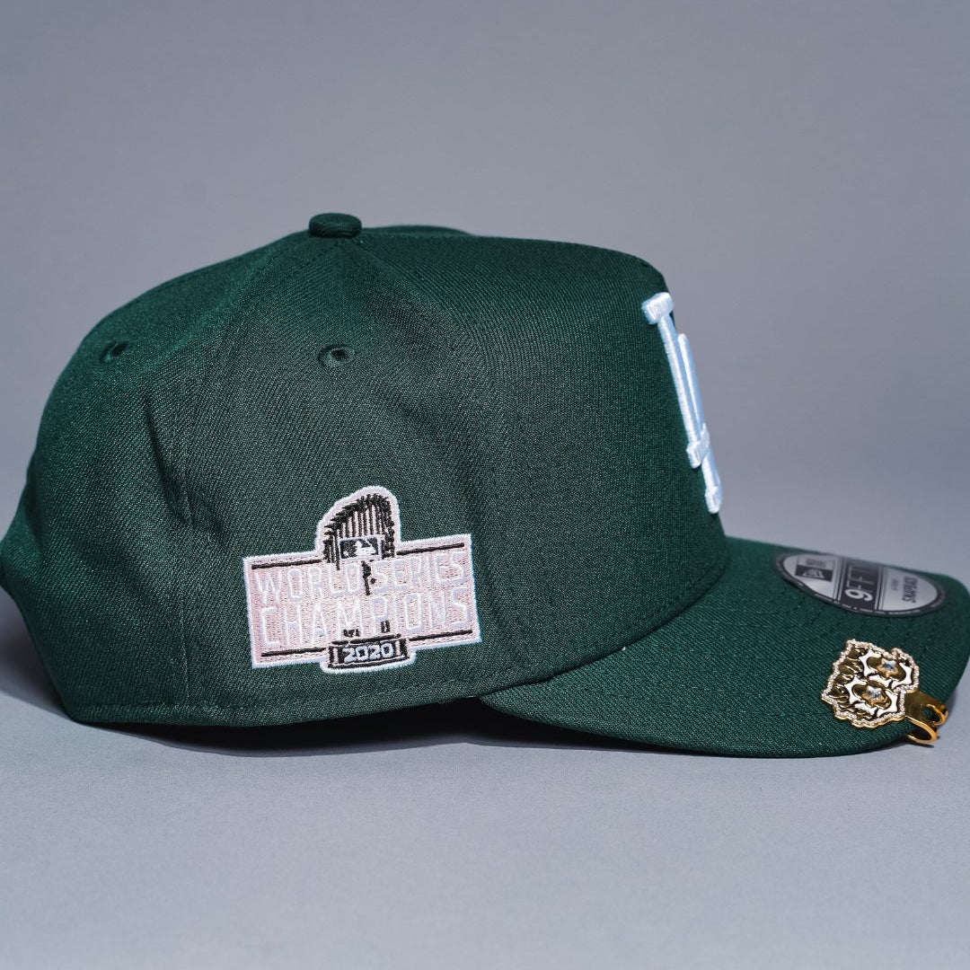 NEW ERA 9FIFTY A-FRAME FOREST GREEN LOS ANGELES DODGERS SNAPBACK W/ HEART + WORLD SERIES CHAMPIONS SIDE PATCH