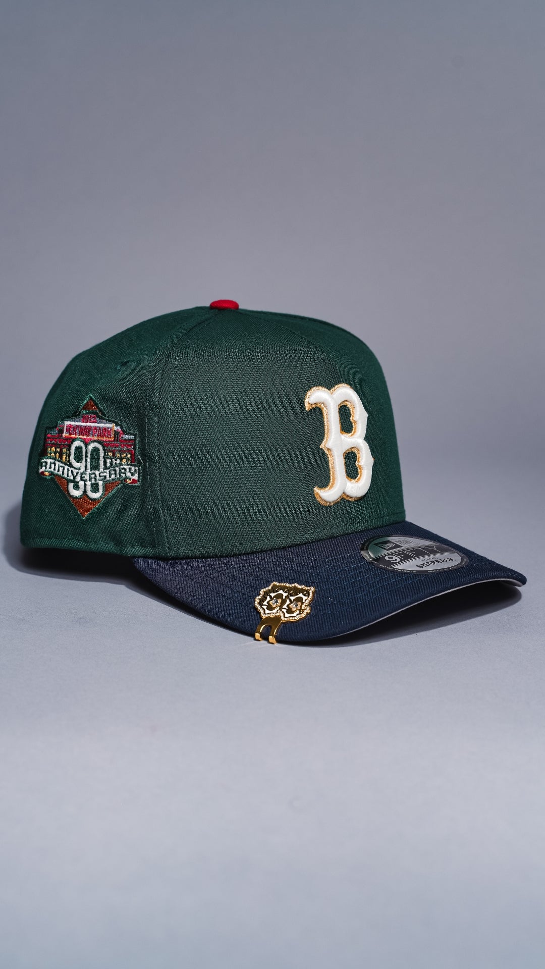 NEW ERA 9FIFTY A-FRAME FOREST GREEN/NAVY BOSTON RED SOX SNAPBACK W/ 90TH ANNIVERSARY SIDE PATCH