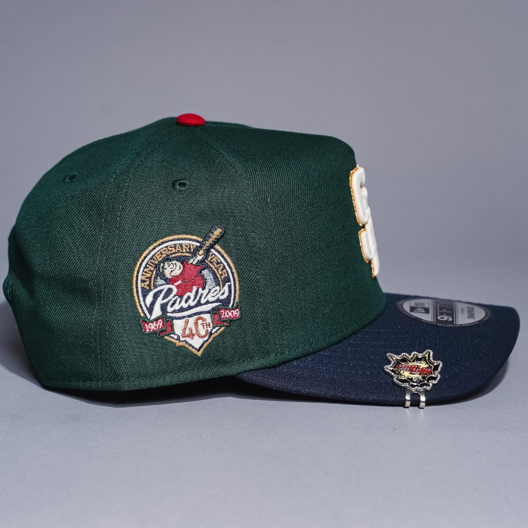 NEW ERA 9FIFTY A-FRAME FOREST GREEN/NAVY SAN DIEGO PADRES SNAPBACK W/ 40TH ANNIVERSARY SIDE PATCH