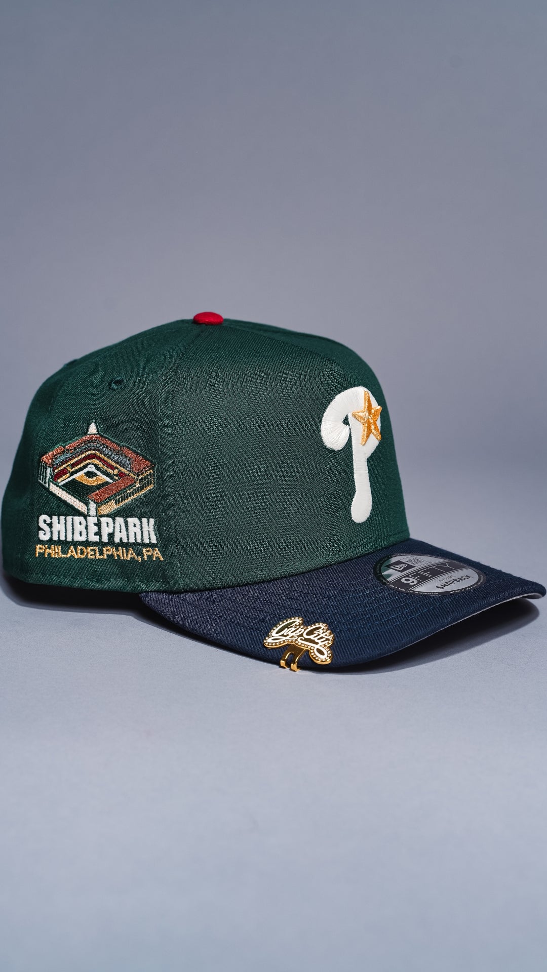 NEW ERA 9FIFTY A-FRAME FOREST GREEN/NAVY PHILADELPHIA PHILLIES SNAPBACK W/ SHIBE PARK SIDE PATCH