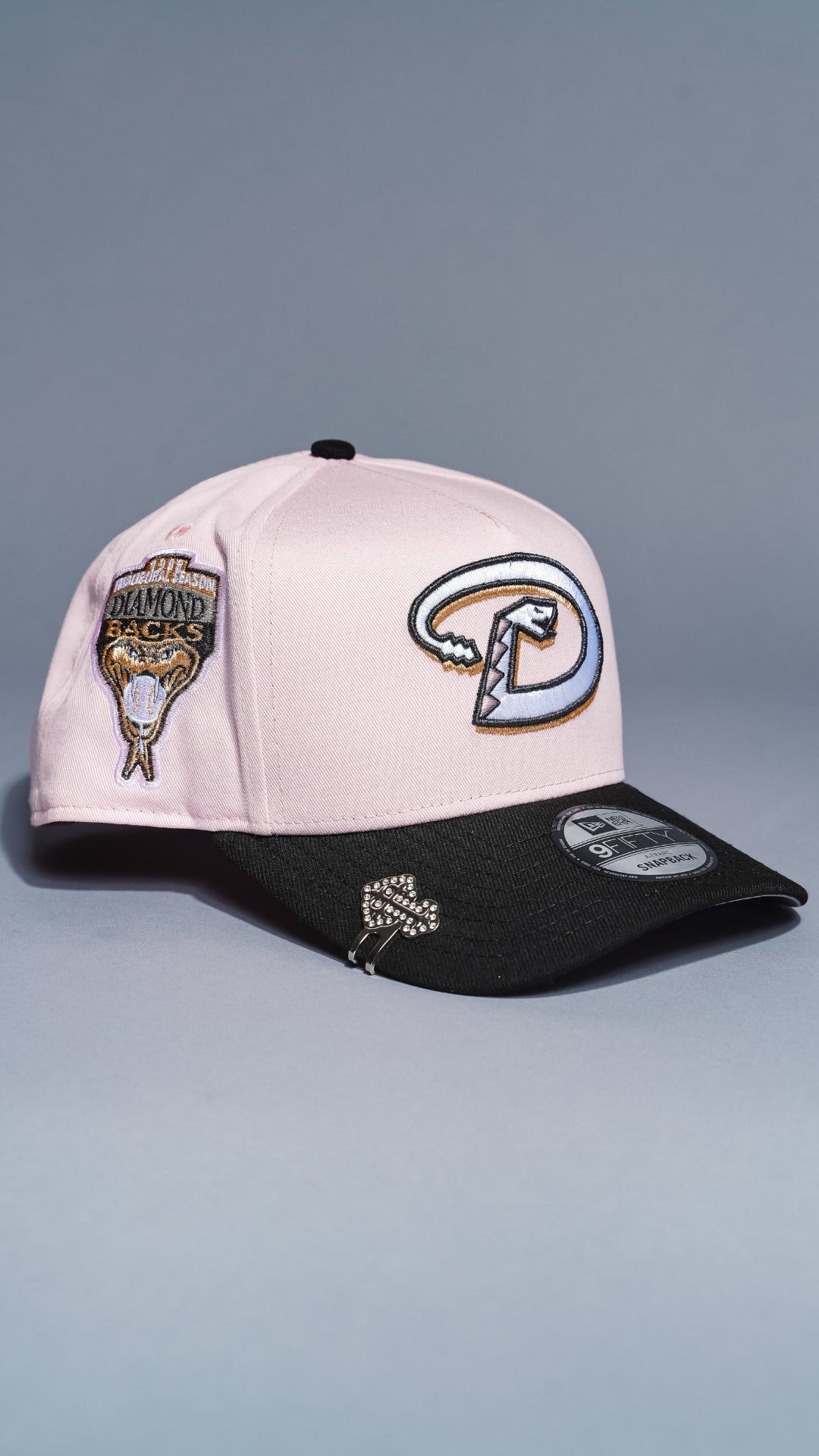 NEW ERA 9FIFTY A-FRAME SOFT PINK/BLACK ARIZONA DIAMONDBACKS SNAPBACK W/ 1998 INAUGURAL SEASON SIDE PATCH