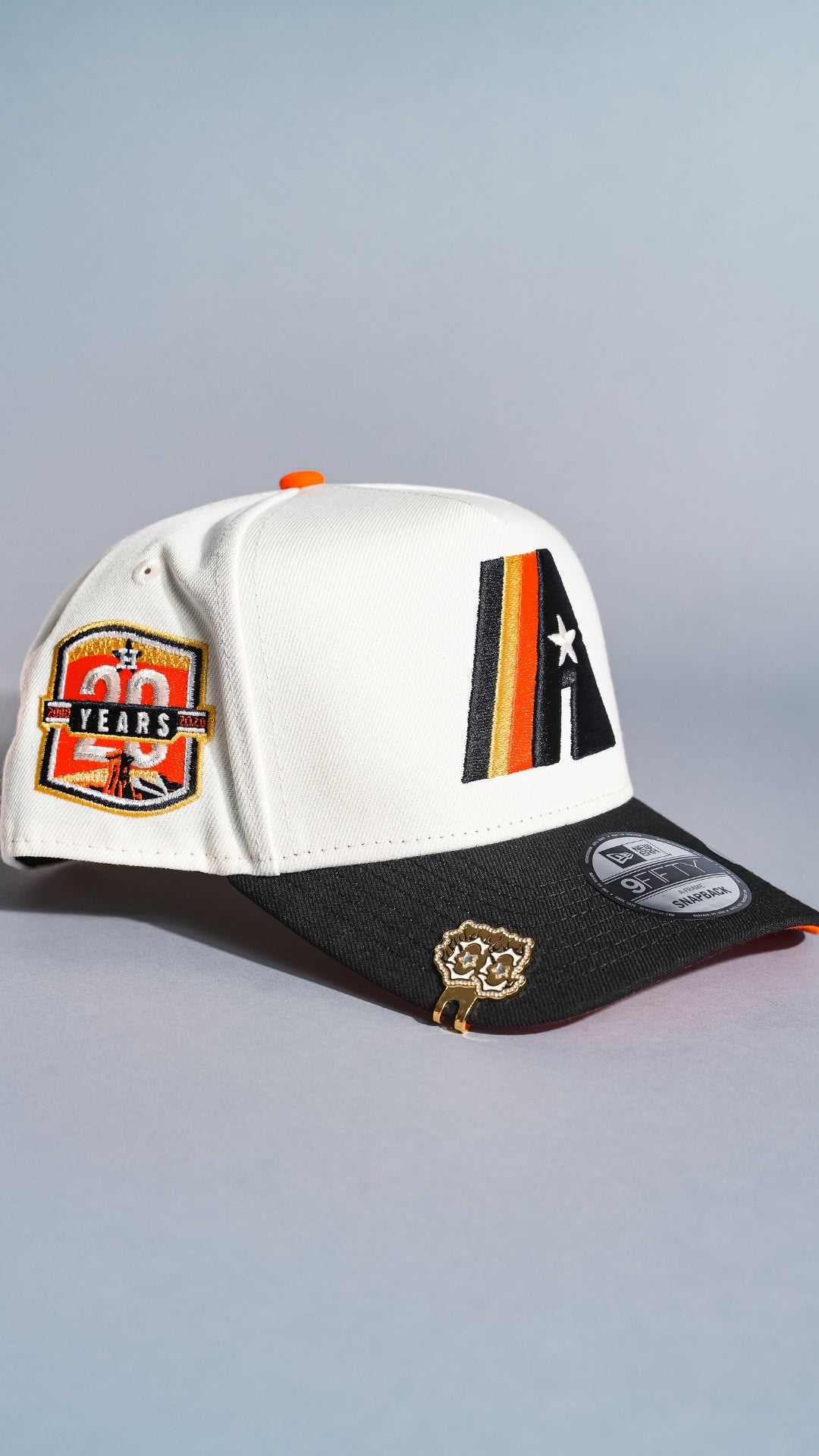 NEW ERA 9FIFTY A-FRAME CHROME/BLACK HOUSTON ASTROS SNAPBACK W/ 20TH ANNIVERSARY SIDE PATCH