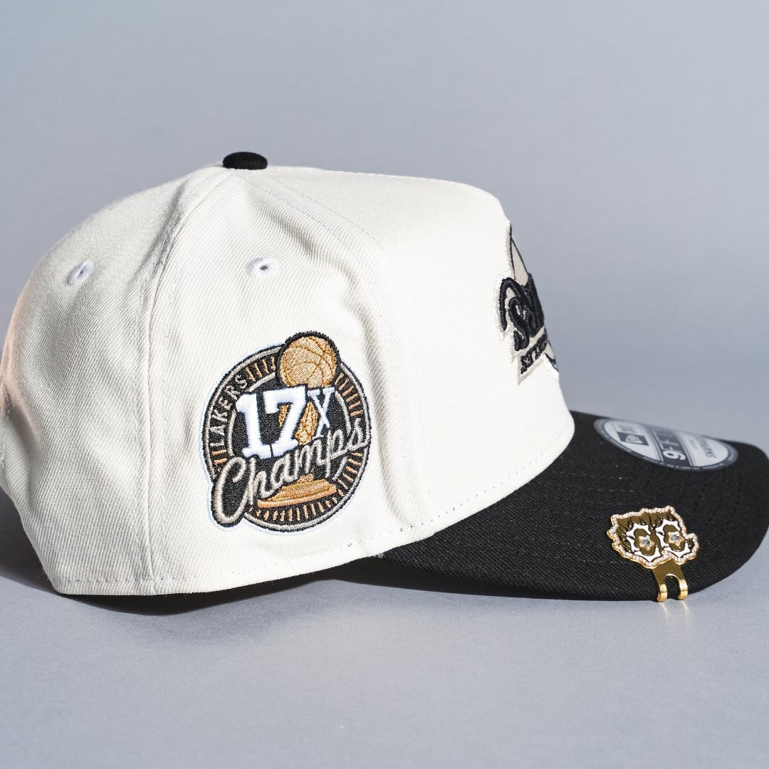 NEW ERA 9FIFTY A-FRAME CHROME/BLACK UPSIDE DOWN LOS ANGELES LAKERS SNAPBACK W/ 17X CHAMPIONS SIDE PATCH