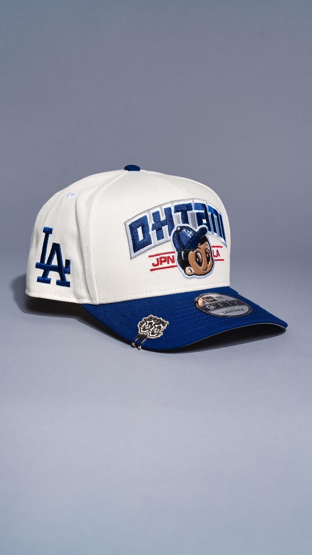 NEW ERA 9FIFTY A-FRAME CHROME/BLUE LOS ANGELES DODGERS "SHOHEI OHTANI" SCRIPT W/ LA LOGO SIDE PATCH