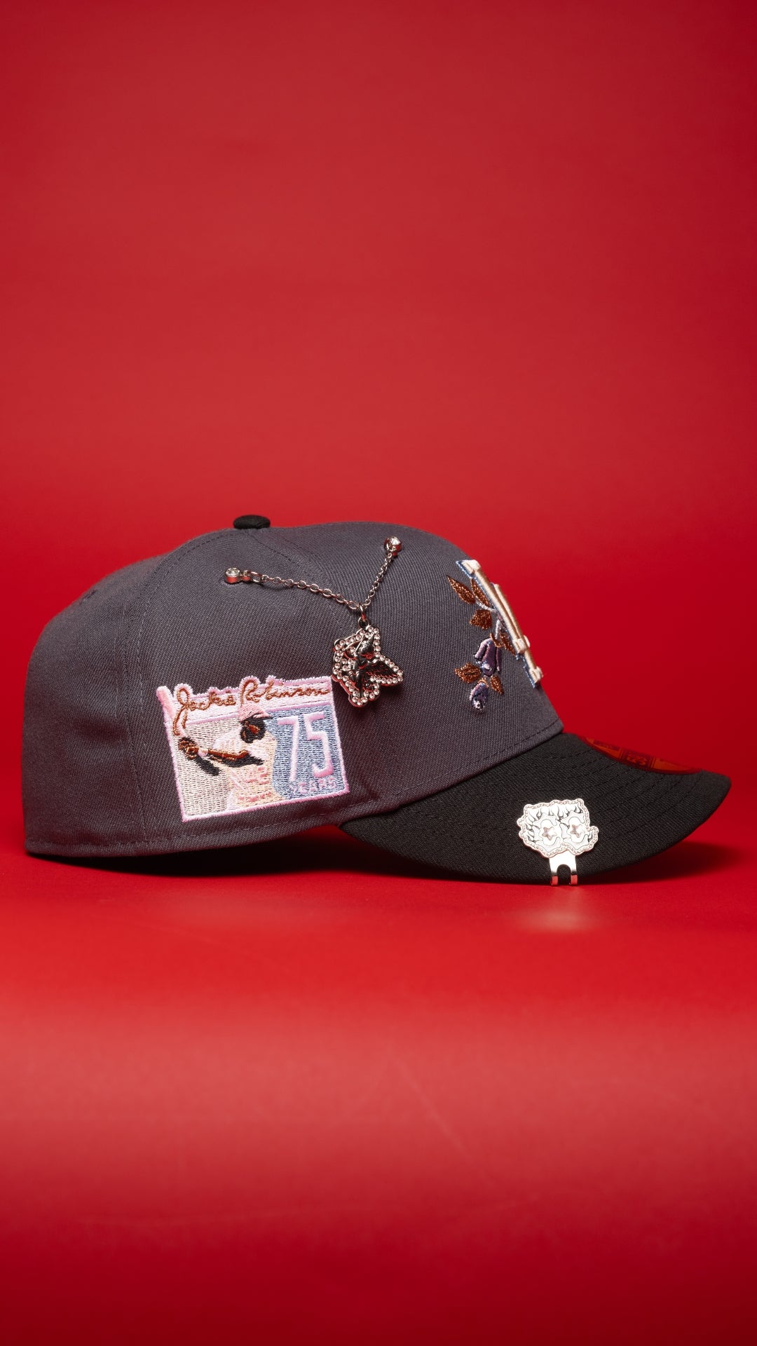 NEW ERA EXCLUSIVE 59FIFTY GREY/BLACK LOS ANGELES DODGERS W/ ICY BLUE ROSE + JACKIE ROBINSON SIDE PATCH