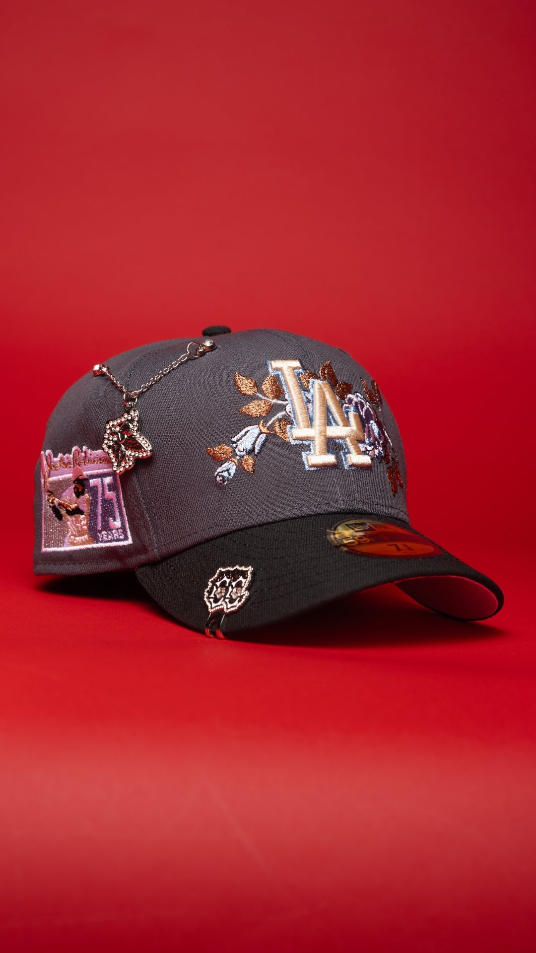 NEW ERA EXCLUSIVE 59FIFTY GREY/BLACK LOS ANGELES DODGERS W/ ICY BLUE ROSE + JACKIE ROBINSON SIDE PATCH