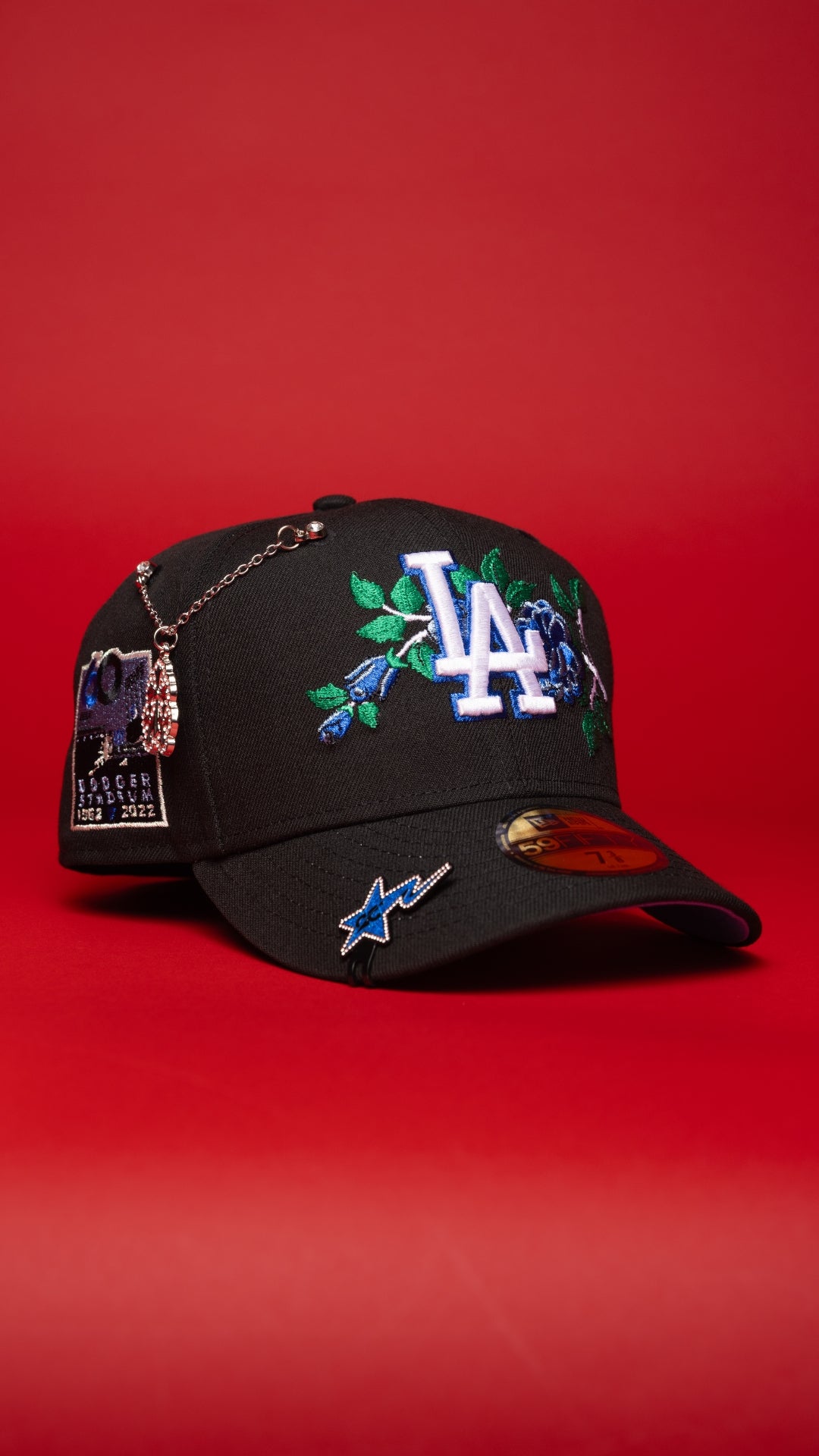NEW ERA EXCLUSIVE 59FIFTY BLACK LOS ANGELES DODGERS W/ BLUE ROSE + DODGER STADIUM SIDE PATCH