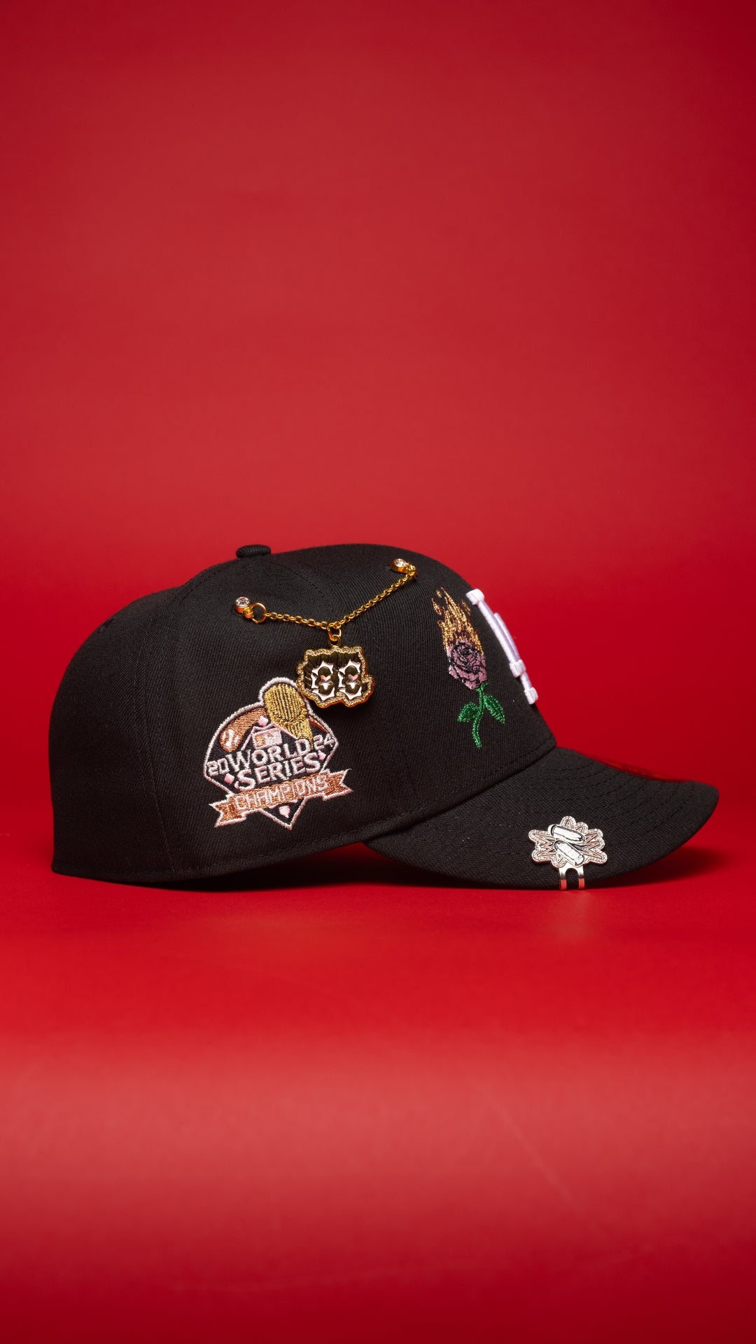 NEW ERA EXCLUSIVE 59FIFTY BLACK LOS ANGELES DODGERS W/ BURNT ROSES + WORLD SERIES CHAMPIONS SIDE PATCH