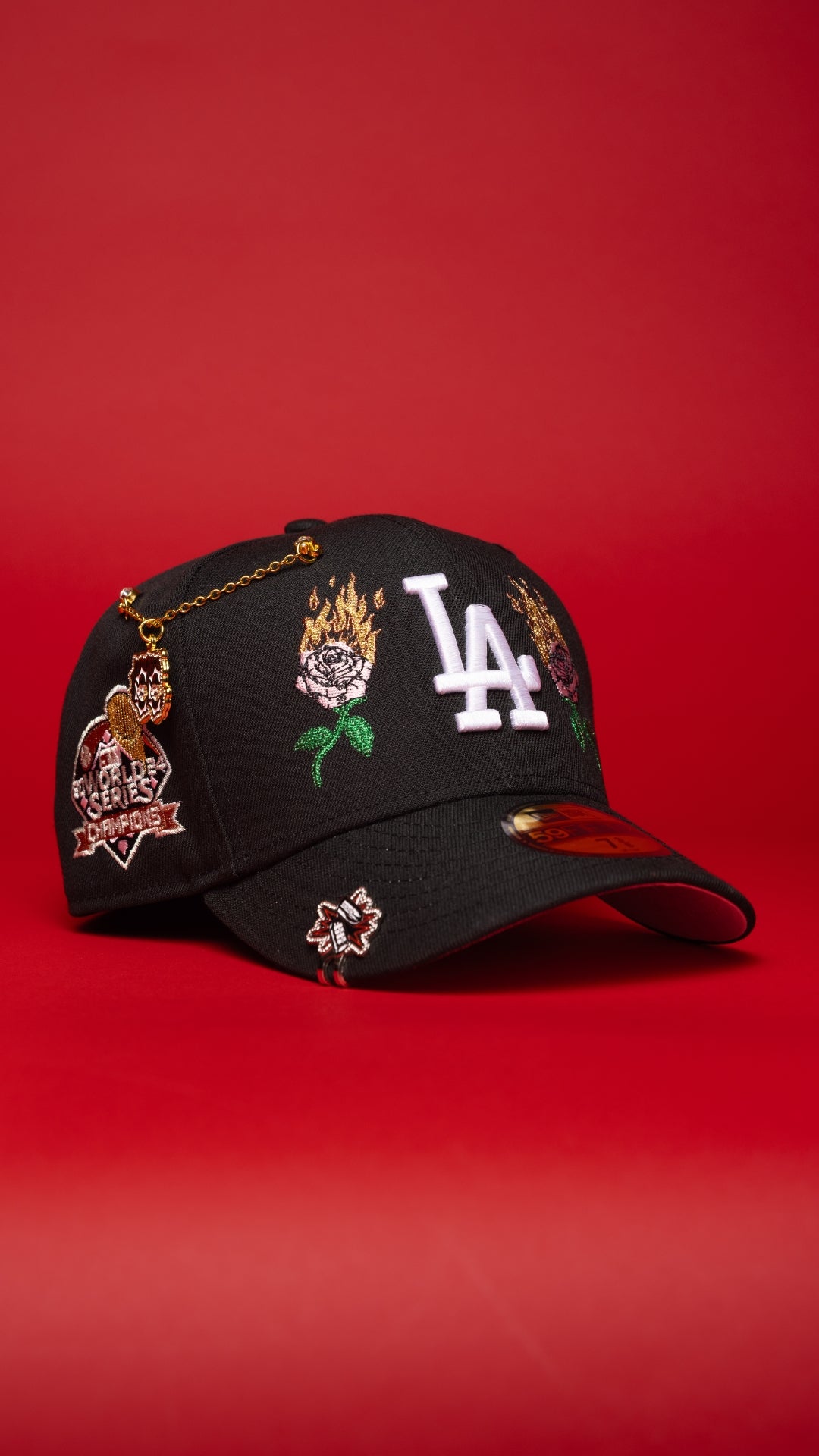 NEW ERA EXCLUSIVE 59FIFTY BLACK LOS ANGELES DODGERS W/ BURNT ROSES + WORLD SERIES CHAMPIONS SIDE PATCH