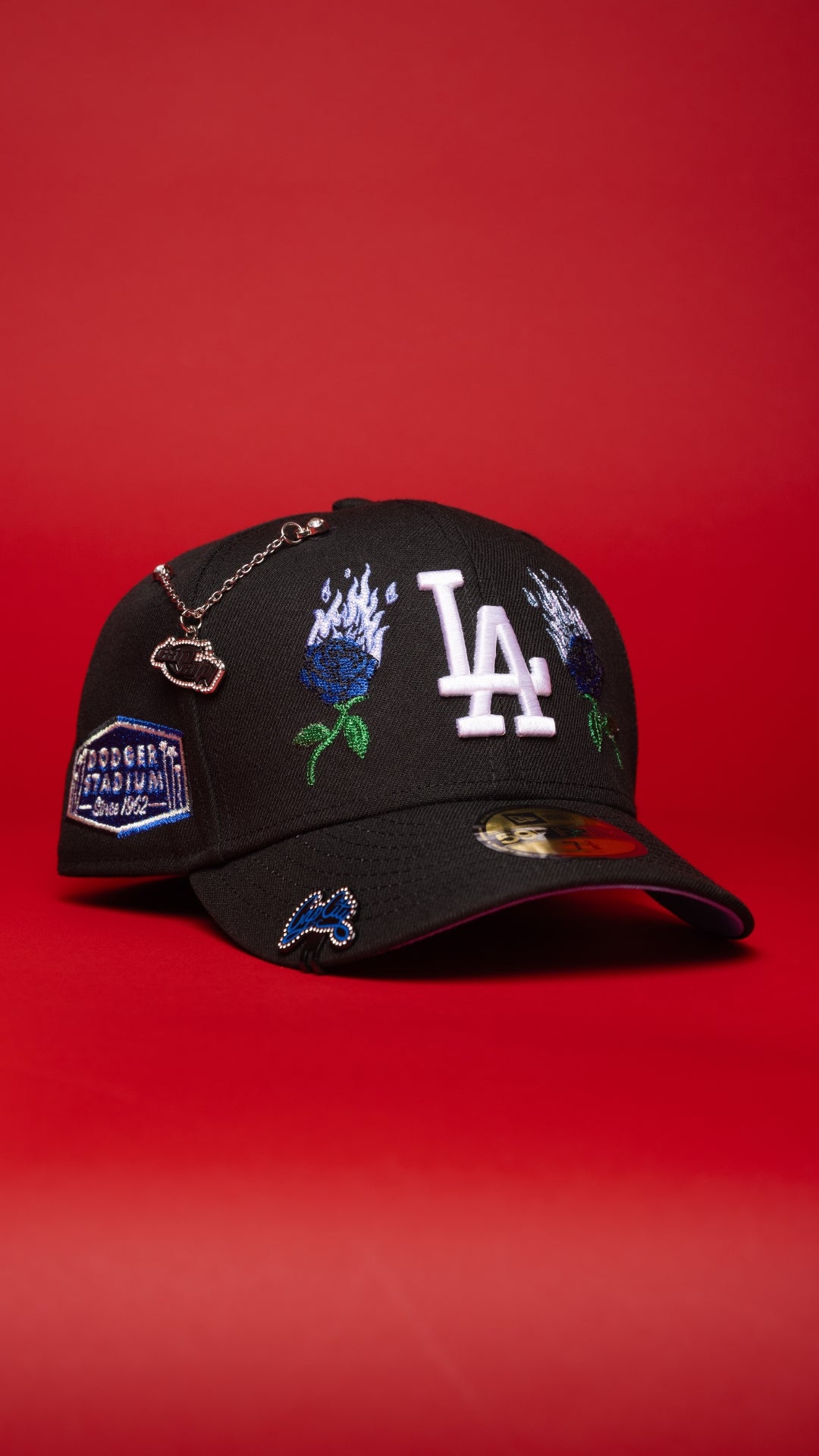 NEW ERA EXCLUSIVE 59FIFTY BLACK LOS ANGELES DODGERS W/ BURNT ROSES + DODGER STADIUM SIDE PATCH