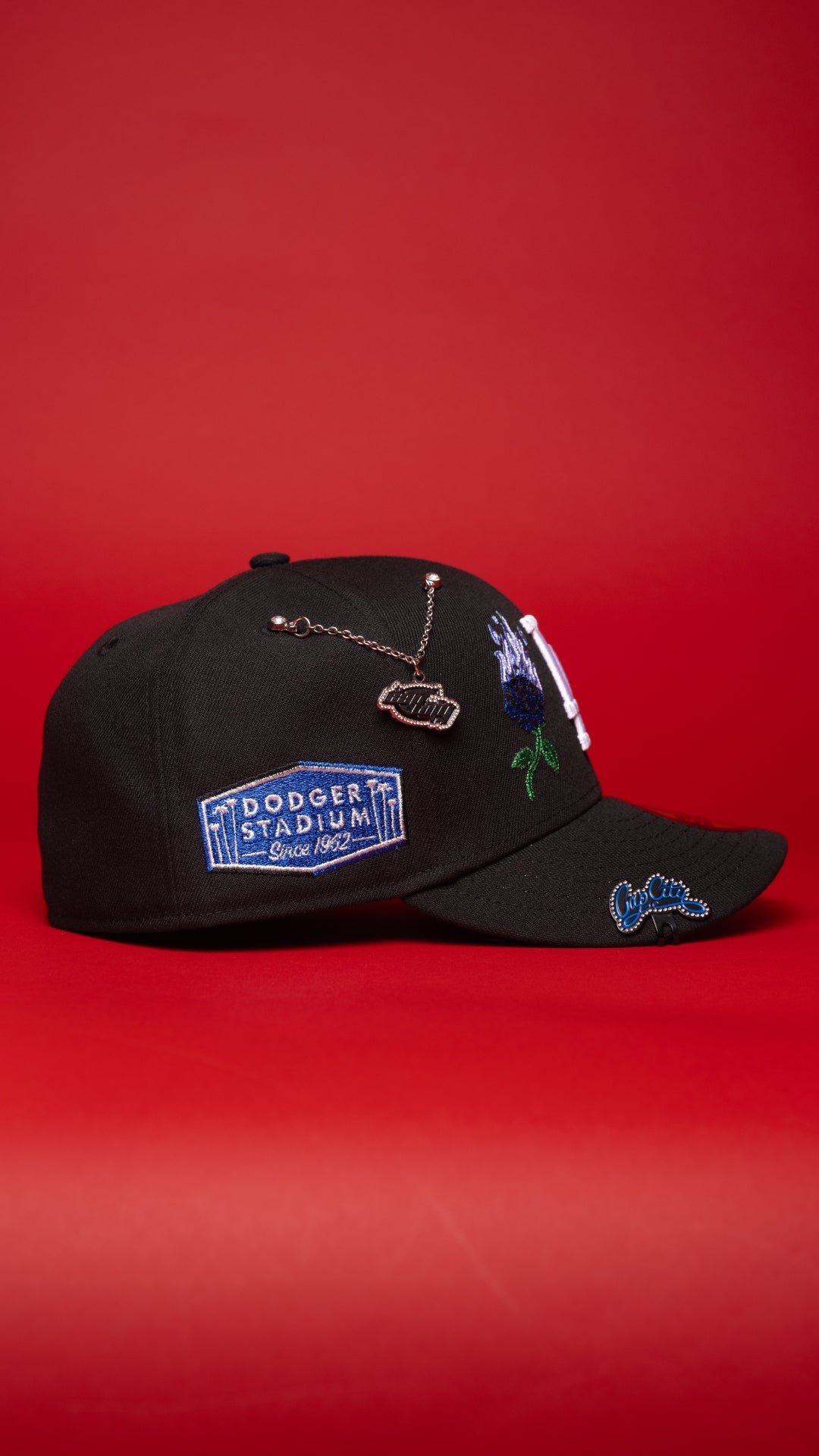 NEW ERA EXCLUSIVE 59FIFTY BLACK LOS ANGELES DODGERS W/ BURNT ROSES + DODGER STADIUM SIDE PATCH