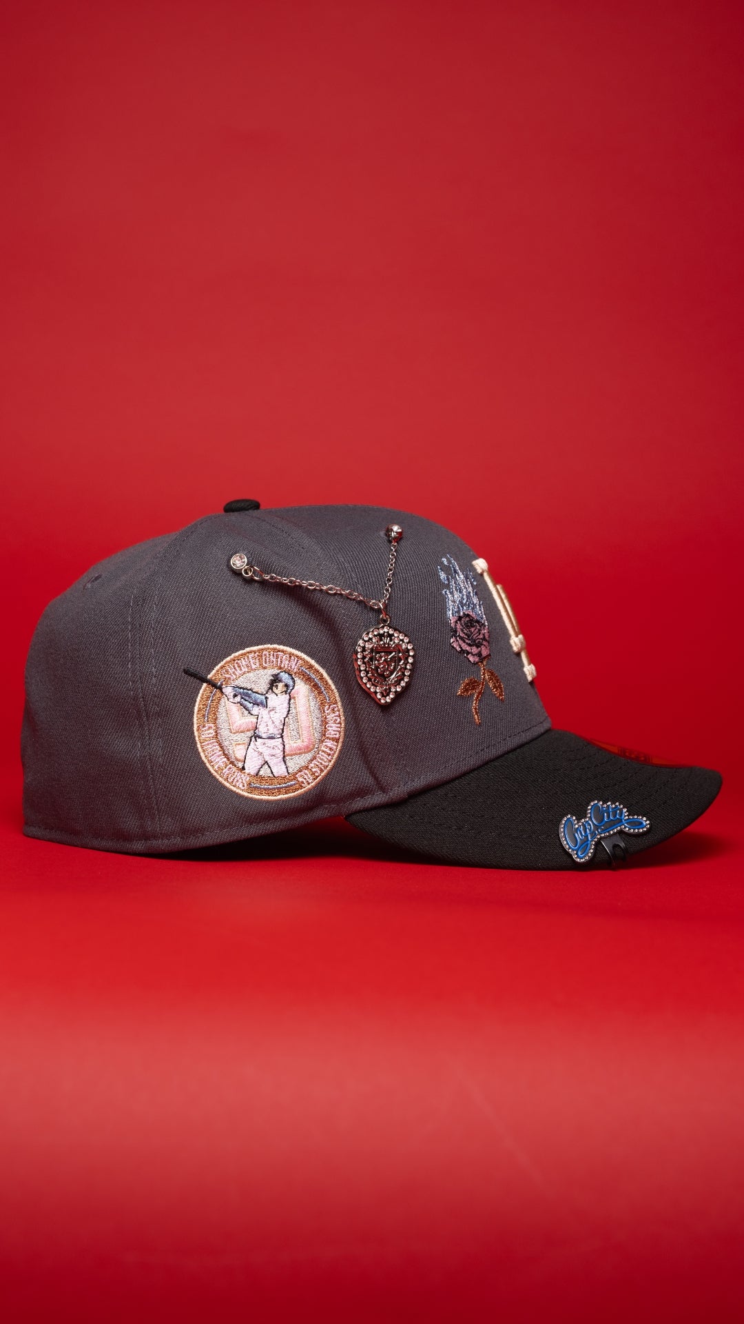 NEW ERA EXCLUSIVE 59FIFTY GREY/BLACK LOS ANGELES DODGERS W/ BURNT ROSES + SHOHEI OHTANI SIDE PATCH