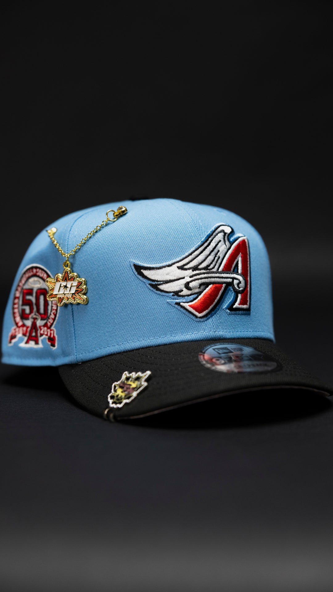 NEW ERA EXCLUSIVE 9FIFTY SKY BLUE/BLACK ANAHEIM ANGELS SNAPBACK W/ 50TH ANNIVERSARY SIDE PATCH